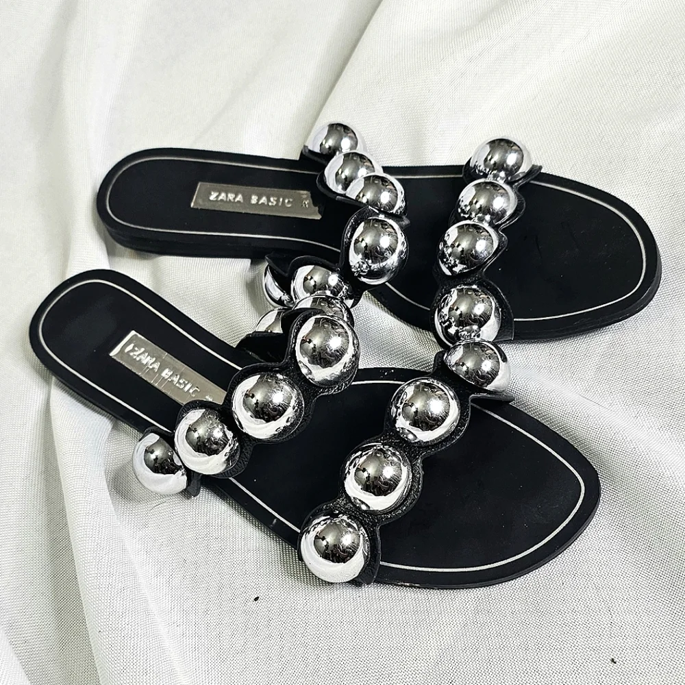 "ZARA BASICS" Black and Silver Women's Sandals - Picture 2 of 4
